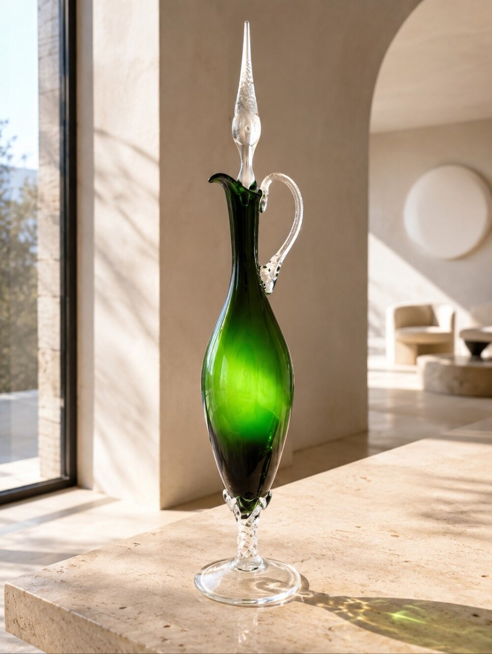 Vintage 1960s Empoli Italy Emerald Green Art Glass Ewer Decanter 18"
